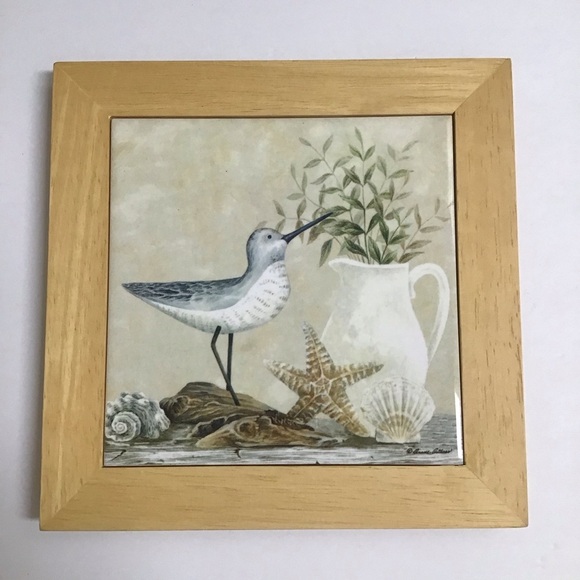 Vintage Diane Arthurs Framed Ceramic Tile Trivet Sandpiper Shells 8x8” Wall Art - Picture 11 of 14